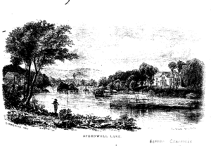 Black and white historic rendering of Speedwell Lake from 1856 by Herman Carmencke