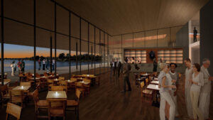 Artistic rendering of indoor event at Event Center with several guests. The room features wood flooring and floor-to-ceiling glass windows.