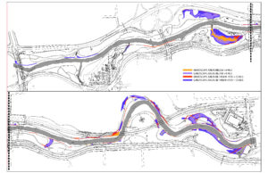A diagrammatic map color coding areas based on their elevation to analyze risk of flooding and silt deposition.