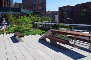 Photograph of the High Line signature benches, in which the concrete paving "peels up" to become a bench with wood slats.