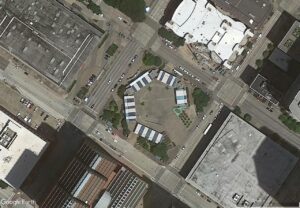 Overhead aerial of Jones Plaza from 2017.