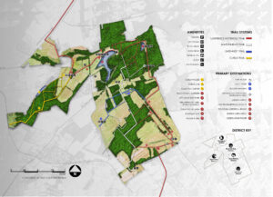 An illustrative plan of the Mercer Meadows site. The trails, amenities, and primary destinations are all labeled on the plan.