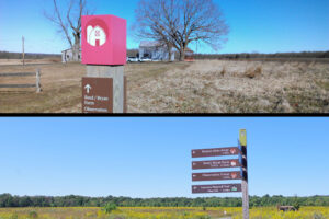 A collage of two images. The top image shows a pedestrian-height post topped with a red cap with a barn icon. On the post is a sign with names and arrows to other park features. The bottom image is the top of a taller post with thin signs perpendicular to the post with names and directional markers to different park destinations.