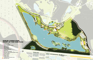 Illustrated, colored site plan of Heart of the Park at Shelby Farms.