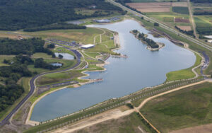 Aerial, birds-eye view of the lake and surrounding areas in Shelby Farm's Heart of the Park.