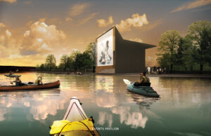 Rendering of kayakers paddling near the shoreline of the Events Pavilion; in the background are visitors walking the paths and watching the movie projected on the side of the pavilion.
