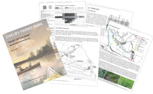 Samples of pages from ETM's Maintenance Manual for Shelby Farms, including diagrams identifying the landscape types and maintenance schedules.
