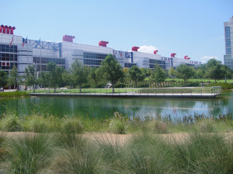 Grass plants border the lake at Discovery Green. An overlook, gardens, and the Houston Convention Center are in the background.
