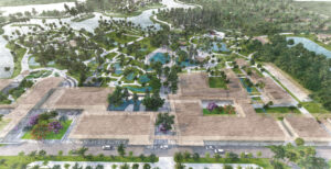 A birds eye illustrative rendering of the proposed master plan design for the gardens. A new series of buildings and covered walkways, interspersed with gardens, is in the foreground. New gardens, trees, and water features are seen in the background.