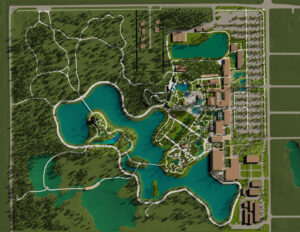 A rendered plan view of the proposed master plan for the gardens. Forested natural areas and wetlands comprise most of the left of the plan. The garden's large lake is in the middle of the plan. The right half of the plan, from center outward, is gardens, a spine of small buildings and covered walkways, and parking.