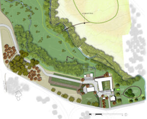 Rendered, colored illustrative site plan for the proposed improvements to Case-Dvoor Farm.