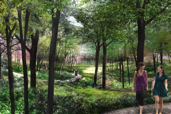 Illustrative rendering of a ravine landscape at HANC with trees, flowering shrubs, a stream and in the background, a pedestrian bridge. Two women are walking on a path through the landscape.