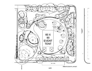 A plan diagram showing the potential layout of a private event at RSP with a 60 foot by 90 foot main event tent.