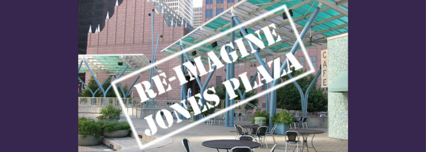 A cropped screenshot of the start page for the "Re-Imagine Jones Plaza" survey, featuring a photo of the then-current conditions.