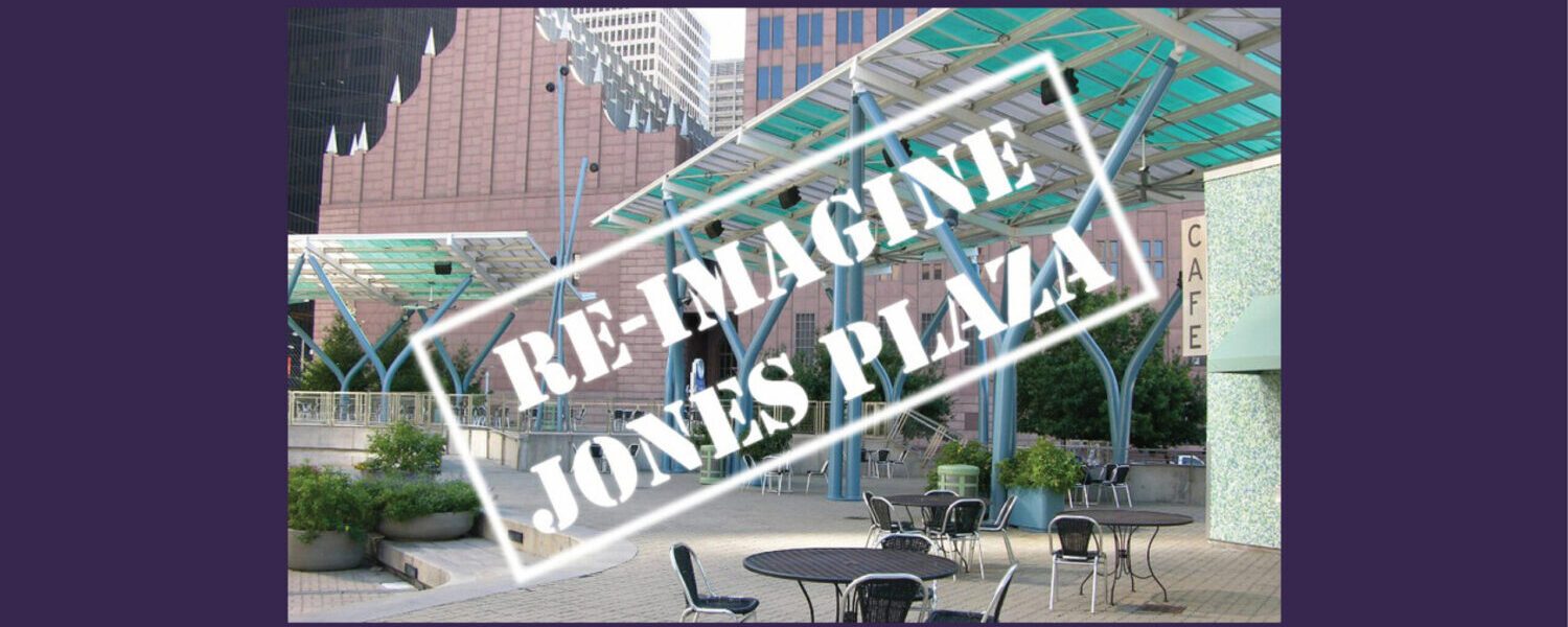 A cropped screenshot of the start page for the "Re-Imagine Jones Plaza" survey, featuring a photo of the then-current conditions.